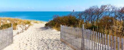 A photo of a Delaware beach with pale wooden fences in the foreground, sand along the ground, greenery in the midground, and the blue ocean and blue sky in the background with a small lighthouse in the distance on the horizon